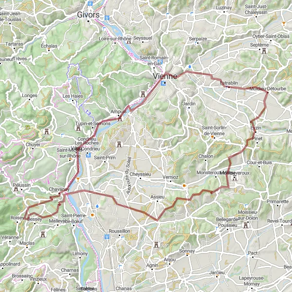 Map miniature of "The Montseveroux Gravel Adventure" cycling inspiration in Rhône-Alpes, France. Generated by Tarmacs.app cycling route planner
