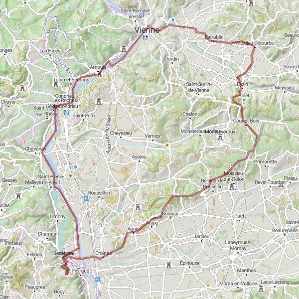 Miniaturní mapa "Gravelová cesta kolem Chanas a Vienne" inspirace pro cyklisty v oblasti Rhône-Alpes, France. Vytvořeno pomocí plánovače tras Tarmacs.app