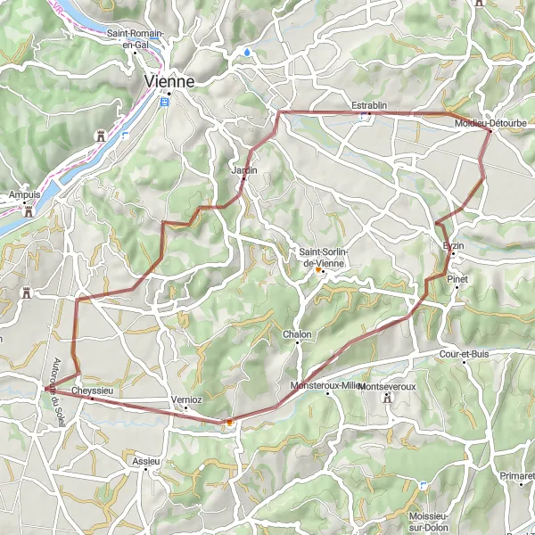 Miniaturní mapa "Gravelový okruh kolem Moidieu-Détourbe a Reventin-Vaugris" inspirace pro cyklisty v oblasti Rhône-Alpes, France. Vytvořeno pomocí plánovače tras Tarmacs.app