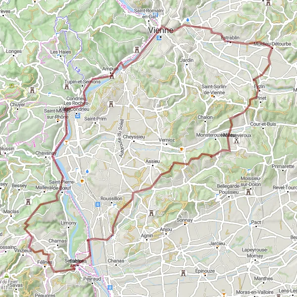 Miniatua del mapa de inspiración ciclista "Ruta de ciclismo de gravilla desde Moidieu a Vienne" en Rhône-Alpes, France. Generado por Tarmacs.app planificador de rutas ciclistas