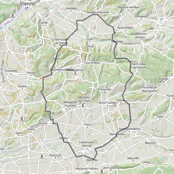 Map miniature of "The Meyssiez Loop" cycling inspiration in Rhône-Alpes, France. Generated by Tarmacs.app cycling route planner