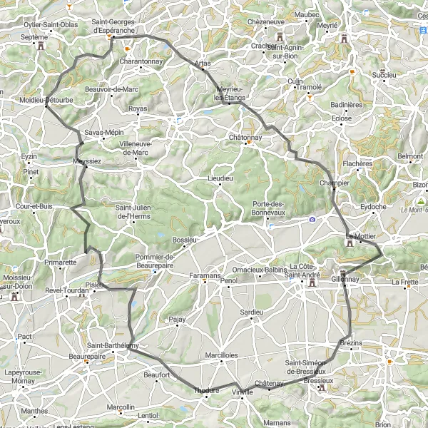 Map miniature of "The Saint-Georges-d'Espéranche Circuit" cycling inspiration in Rhône-Alpes, France. Generated by Tarmacs.app cycling route planner