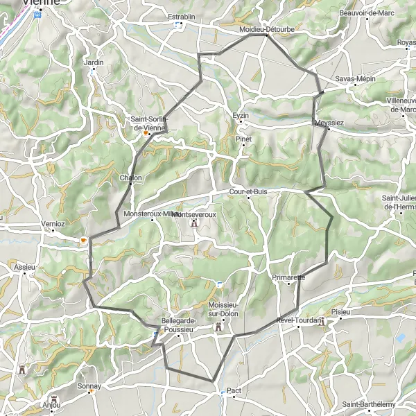 Map miniature of "Moidieu - Revel-Tourdan Circuit" cycling inspiration in Rhône-Alpes, France. Generated by Tarmacs.app cycling route planner