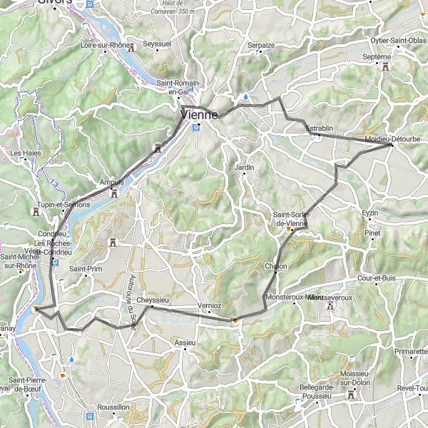 Map miniature of "Moidieu - Condrieu Loop" cycling inspiration in Rhône-Alpes, France. Generated by Tarmacs.app cycling route planner