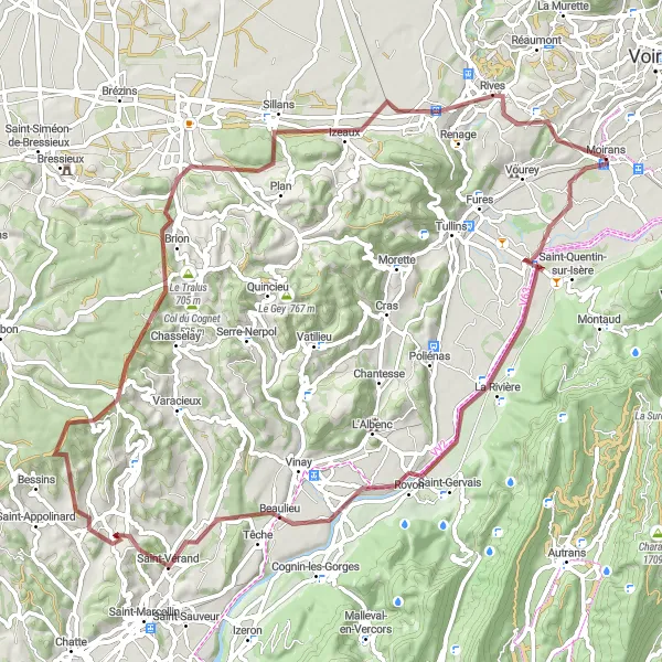 Miniature de la carte de l'inspiration cycliste "Chemins de gravier à travers les collines" dans la Rhône-Alpes, France. Générée par le planificateur d'itinéraire cycliste Tarmacs.app