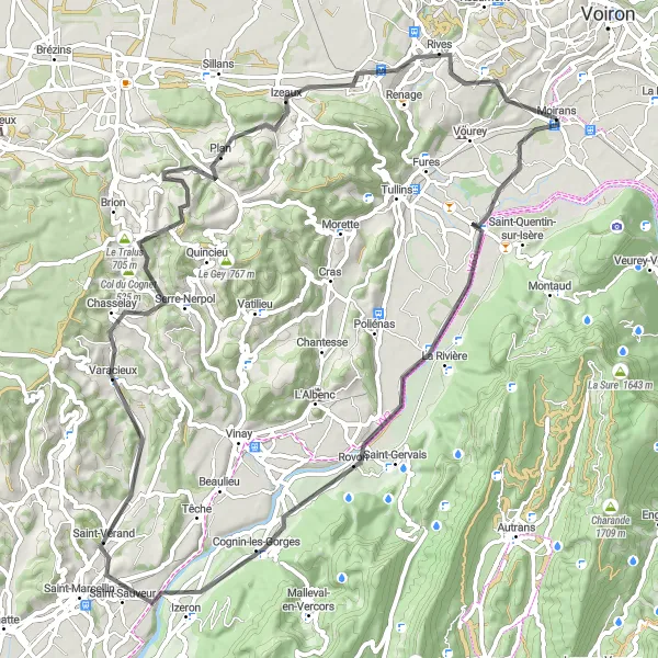 Miniatua del mapa de inspiración ciclista "Ruta por Varacieux y Col de la Croix de Toutes Aures" en Rhône-Alpes, France. Generado por Tarmacs.app planificador de rutas ciclistas
