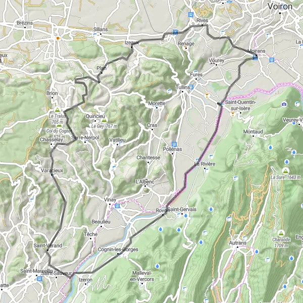 Miniaturní mapa "Okruh kola u Moirans: Svíravá cesta skrz kopce" inspirace pro cyklisty v oblasti Rhône-Alpes, France. Vytvořeno pomocí plánovače tras Tarmacs.app