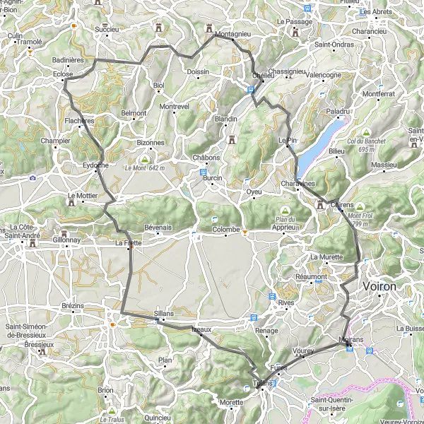 Miniatuurkaart van de fietsinspiratie "Tocht door Châteauvilain en Charavines" in Rhône-Alpes, France. Gemaakt door de Tarmacs.app fietsrouteplanner