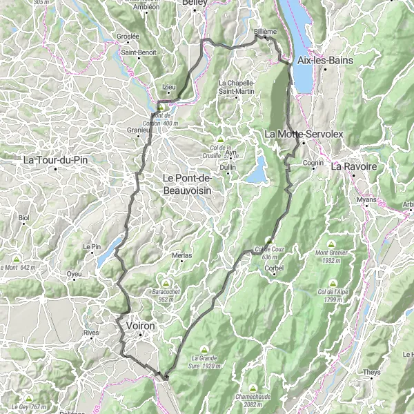 Zemljevid v pomanjšavi "Krožna kolesarska pot okoli Moiransa" kolesarske inspiracije v Rhône-Alpes, France. Generirano z načrtovalcem kolesarskih poti Tarmacs.app