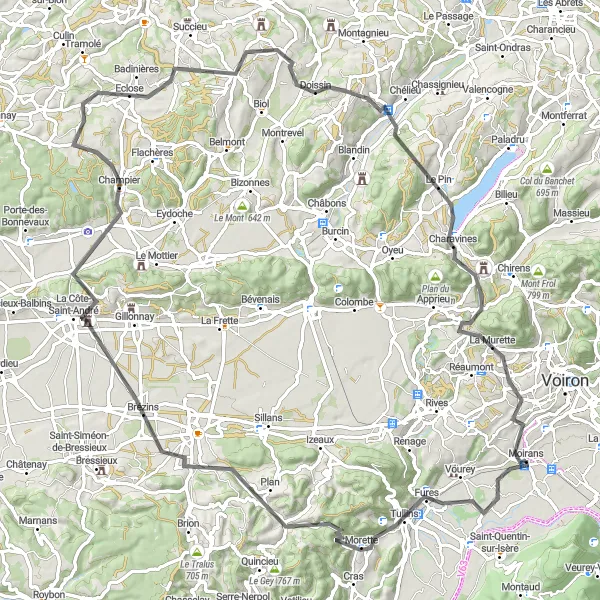 Zemljevid v pomanjšavi "Okrog Moiransa prek Brézins in Charavines" kolesarske inspiracije v Rhône-Alpes, France. Generirano z načrtovalcem kolesarskih poti Tarmacs.app