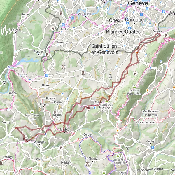 Karttaminiaatyyri "Monnetier-Mornex - Archamps - Bossey" pyöräilyinspiraatiosta alueella Rhône-Alpes, France. Luotu Tarmacs.app pyöräilyreittisuunnittelijalla