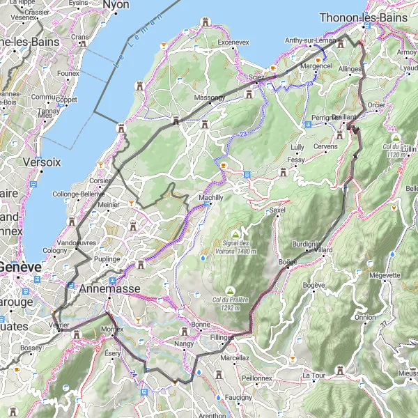 Miniatua del mapa de inspiración ciclista "Ruta de Ciclismo de Carretera desde Monnetier-Mornex" en Rhône-Alpes, France. Generado por Tarmacs.app planificador de rutas ciclistas