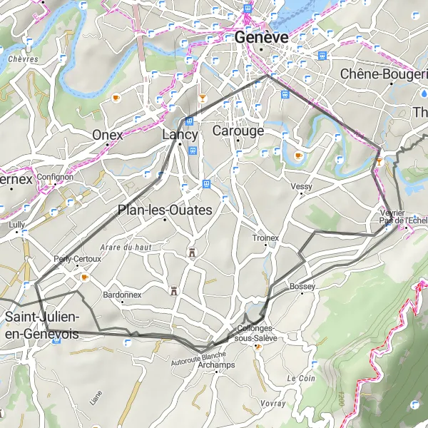 Map miniature of "Archamps and Geneva Road Cycling Route" cycling inspiration in Rhône-Alpes, France. Generated by Tarmacs.app cycling route planner