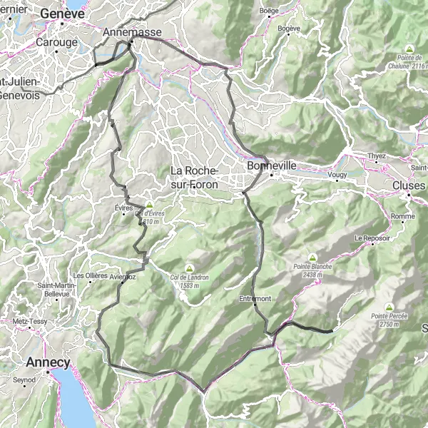 Miniatuurkaart van de fietsinspiratie "Wielrennen rond Monnetier-Mornex en de Mont Gosse" in Rhône-Alpes, France. Gemaakt door de Tarmacs.app fietsrouteplanner