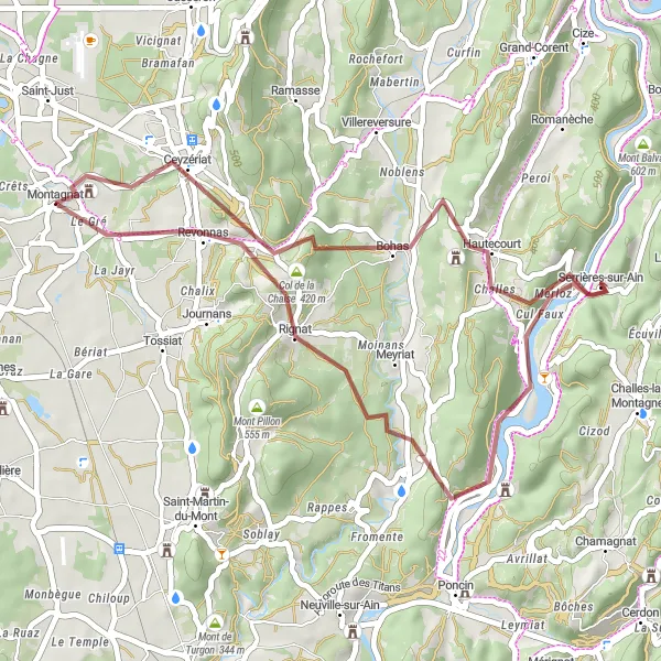 Miniature de la carte de l'inspiration cycliste "Itinéraire Ceyzériat - Col de la Chaise - Revonnas" dans la Rhône-Alpes, France. Générée par le planificateur d'itinéraire cycliste Tarmacs.app