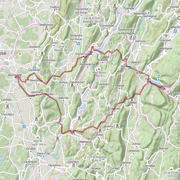 Kartminiatyr av "Äventyrlig grusvägscykling i närheten av Montagnat" cykelinspiration i Rhône-Alpes, France. Genererad av Tarmacs.app cykelruttplanerare