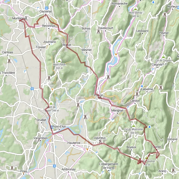 Kartminiatyr av "Grusvei sykkeltur fra Montagnat til Tossiat" sykkelinspirasjon i Rhône-Alpes, France. Generert av Tarmacs.app sykkelrutoplanlegger