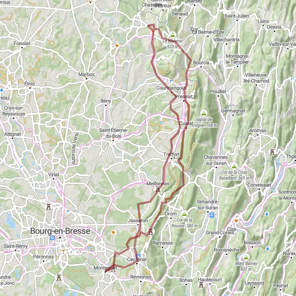 Miniatuurkaart van de fietsinspiratie "Gravelroute Montagnat - Château de Montplaisant" in Rhône-Alpes, France. Gemaakt door de Tarmacs.app fietsrouteplanner