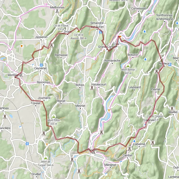 Zemljevid v pomanjšavi "Gravel Montagnat Loop" kolesarske inspiracije v Rhône-Alpes, France. Generirano z načrtovalcem kolesarskih poti Tarmacs.app