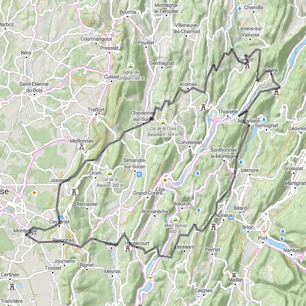 Miniature de la carte de l'inspiration cycliste "Parcours montagneux autour de Montagnat" dans la Rhône-Alpes, France. Générée par le planificateur d'itinéraire cycliste Tarmacs.app