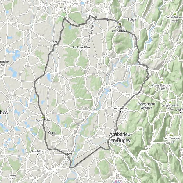 Mapa miniatúra "Okruhová cyklistická trasa cez Montagnat" cyklistická inšpirácia v Rhône-Alpes, France. Vygenerované cyklistickým plánovačom trás Tarmacs.app