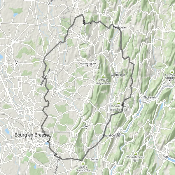 Miniaturní mapa "Montagnat - Col de la Croix Bataillard" inspirace pro cyklisty v oblasti Rhône-Alpes, France. Vytvořeno pomocí plánovače tras Tarmacs.app