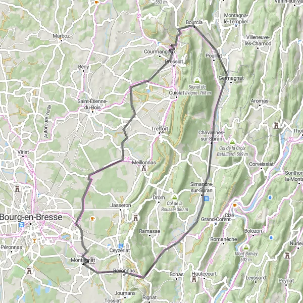 Miniaturekort af cykelinspirationen "Pressiat Circuit" i Rhône-Alpes, France. Genereret af Tarmacs.app cykelruteplanlægger
