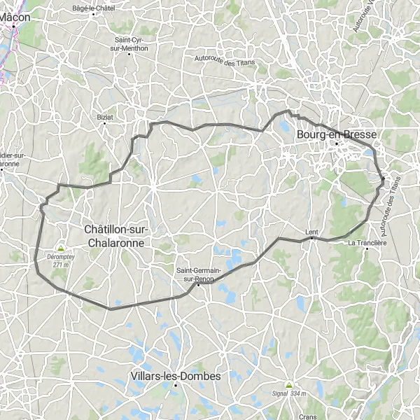 Miniaturní mapa "Montagnat - Bourg-en-Bresse" inspirace pro cyklisty v oblasti Rhône-Alpes, France. Vytvořeno pomocí plánovače tras Tarmacs.app