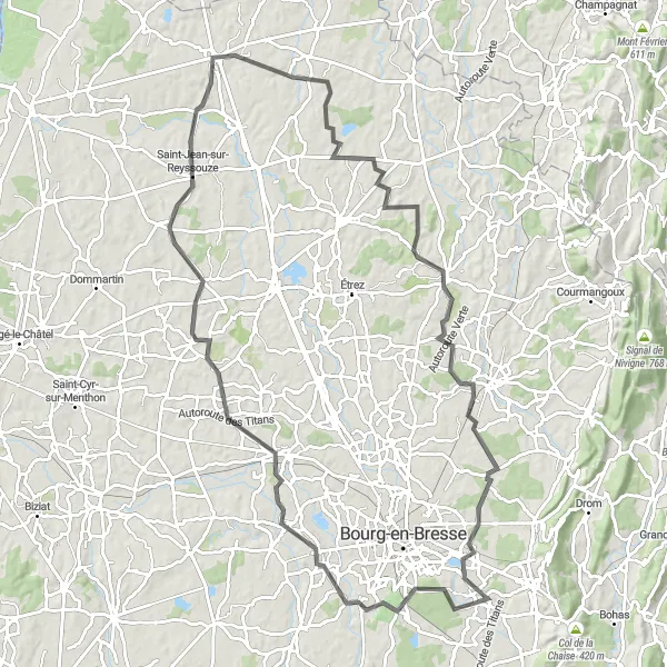 Miniaturní mapa "Road Bike Route from Montagnat" inspirace pro cyklisty v oblasti Rhône-Alpes, France. Vytvořeno pomocí plánovače tras Tarmacs.app