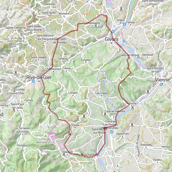 Miniatuurkaart van de fietsinspiratie "Gravelroute door de Rhône-vallei" in Rhône-Alpes, France. Gemaakt door de Tarmacs.app fietsrouteplanner
