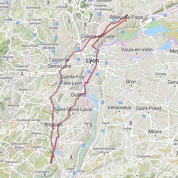 Miniatuurkaart van de fietsinspiratie "Gravelroute door de buitenwijken van Lyon" in Rhône-Alpes, France. Gemaakt door de Tarmacs.app fietsrouteplanner