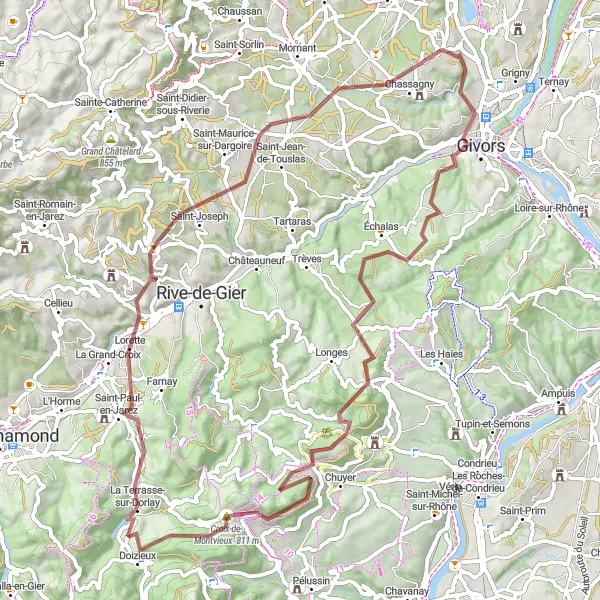 Miniatuurkaart van de fietsinspiratie "Gravelroute Montagny" in Rhône-Alpes, France. Gemaakt door de Tarmacs.app fietsrouteplanner
