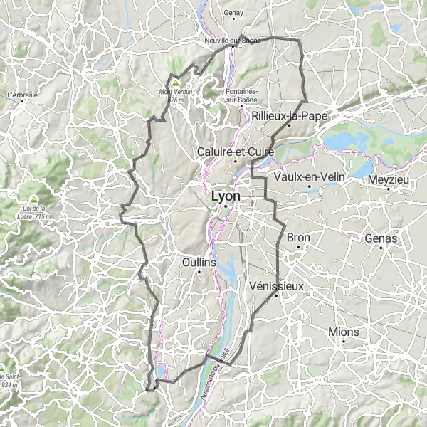 Miniatura della mappa di ispirazione al ciclismo "Tour in bicicletta su strada nei dintorni di Montagny" nella regione di Rhône-Alpes, France. Generata da Tarmacs.app, pianificatore di rotte ciclistiche