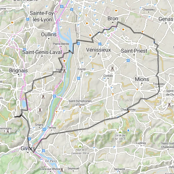 Kartminiatyr av "Rundtur till Givors via Vourles och Bron" cykelinspiration i Rhône-Alpes, France. Genererad av Tarmacs.app cykelruttplanerare