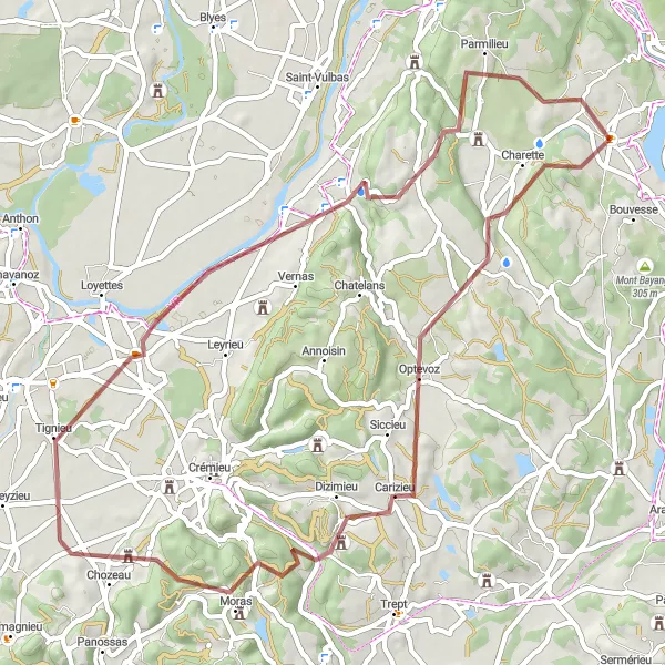 Miniatura della mappa di ispirazione al ciclismo "Gravel in Montalieu Circuit" nella regione di Rhône-Alpes, France. Generata da Tarmacs.app, pianificatore di rotte ciclistiche