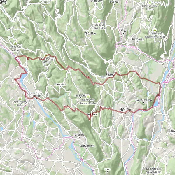 Kartminiatyr av "Utfordrende grusvei til Col de Portes og Briord" sykkelinspirasjon i Rhône-Alpes, France. Generert av Tarmacs.app sykkelrutoplanlegger