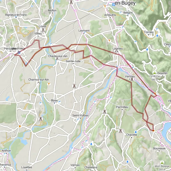 Mapa miniatúra "Gravelový okruh cez Vertrieu a späť" cyklistická inšpirácia v Rhône-Alpes, France. Vygenerované cyklistickým plánovačom trás Tarmacs.app