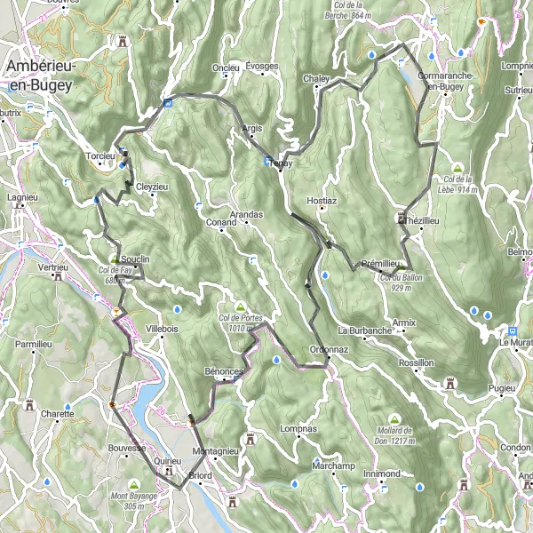 Karttaminiaatyyri "Sault-Brénaz to Briord Road Cycling Challenge" pyöräilyinspiraatiosta alueella Rhône-Alpes, France. Luotu Tarmacs.app pyöräilyreittisuunnittelijalla