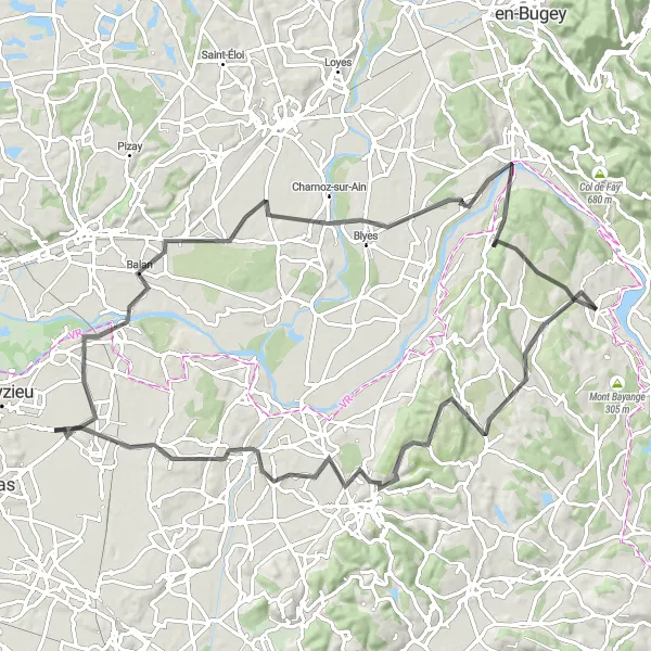 Kartminiatyr av "Oppdag den vakre landsbygda rundt Montalieu" sykkelinspirasjon i Rhône-Alpes, France. Generert av Tarmacs.app sykkelrutoplanlegger