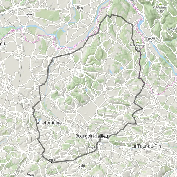 Miniaturní mapa "Náročná cyklistická trasa skrz krajina u Montalieu" inspirace pro cyklisty v oblasti Rhône-Alpes, France. Vytvořeno pomocí plánovače tras Tarmacs.app