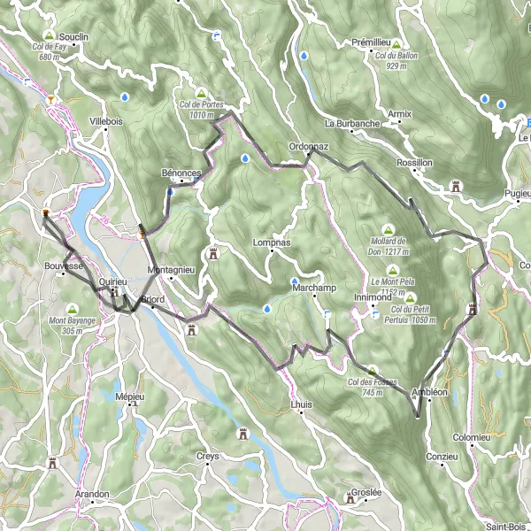 Kartminiatyr av "Utforsk Col des Fosses og Ambléon på veien til Montalieu-Vercieu" sykkelinspirasjon i Rhône-Alpes, France. Generert av Tarmacs.app sykkelrutoplanlegger