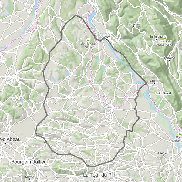 Miniatua del mapa de inspiración ciclista "Ruta de ciclismo en carretera cerca de Montalieu" en Rhône-Alpes, France. Generado por Tarmacs.app planificador de rutas ciclistas