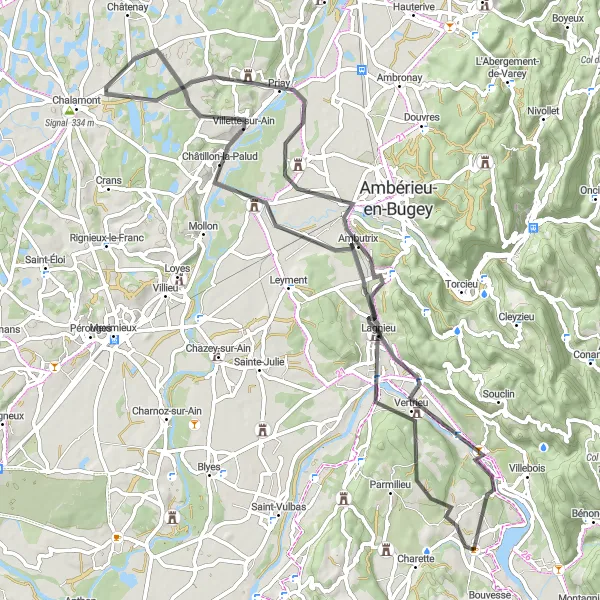 Zemljevid v pomanjšavi "Kolesarska pot do Montalieu" kolesarske inspiracije v Rhône-Alpes, France. Generirano z načrtovalcem kolesarskih poti Tarmacs.app