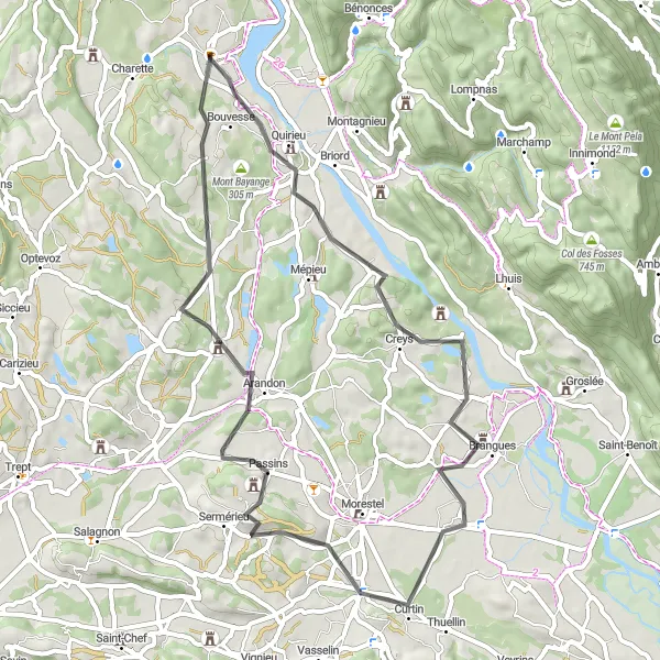 Kartminiatyr av "Landskap og historie langs veien til Bouvesse" sykkelinspirasjon i Rhône-Alpes, France. Generert av Tarmacs.app sykkelrutoplanlegger