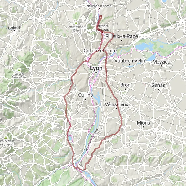 Miniatura della mappa di ispirazione al ciclismo "Avventura in Gravel da Montanay a Fleurieu-sur-Saône" nella regione di Rhône-Alpes, France. Generata da Tarmacs.app, pianificatore di rotte ciclistiche