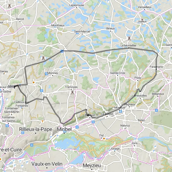 Miniatua del mapa de inspiración ciclista "Ruta Panorámica Montanay - Cailloux-sur-Fontaines" en Rhône-Alpes, France. Generado por Tarmacs.app planificador de rutas ciclistas