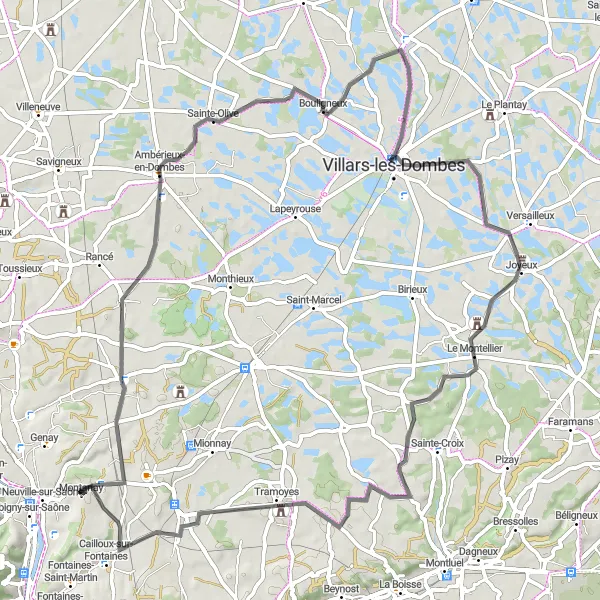 Miniatura della mappa di ispirazione al ciclismo "Giro in bicicletta da Montanay a Civrieux" nella regione di Rhône-Alpes, France. Generata da Tarmacs.app, pianificatore di rotte ciclistiche