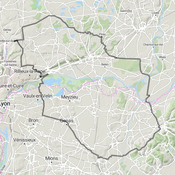 Kartminiatyr av "Lang landevei tur til Genas" sykkelinspirasjon i Rhône-Alpes, France. Generert av Tarmacs.app sykkelrutoplanlegger