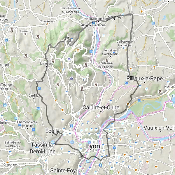 Miniatua del mapa de inspiración ciclista "Ruta de Montanay a Sathonay-Village y Mont Verdun" en Rhône-Alpes, France. Generado por Tarmacs.app planificador de rutas ciclistas