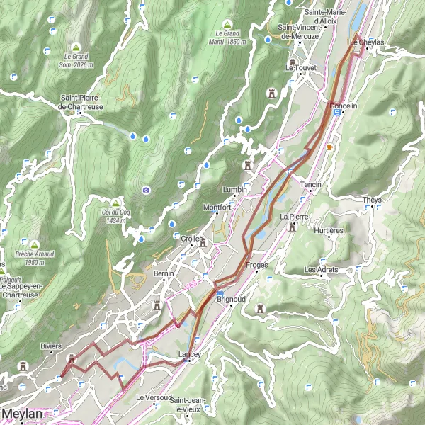 Kartminiatyr av "Vakker grusvei rute fra Montbonnot-Saint-Martin" sykkelinspirasjon i Rhône-Alpes, France. Generert av Tarmacs.app sykkelrutoplanlegger